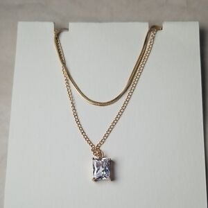 Square Diamond Pendant With Gold Tone Chains